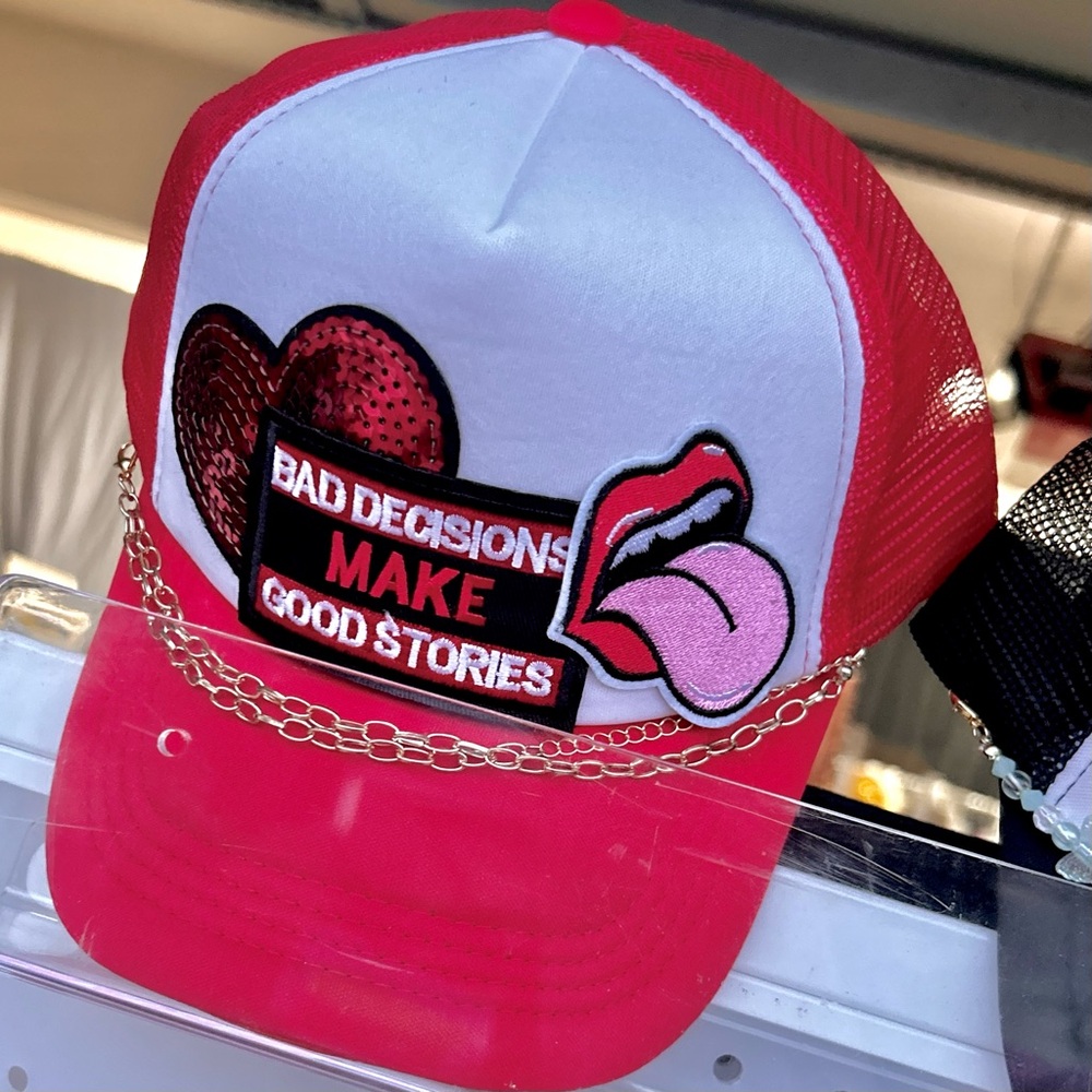 Red & White Trucker Hat  “Bad Decisions make good stories”
